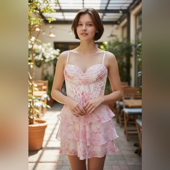 Dresses & Skirts - Floral Pink Layered Dress Size 8